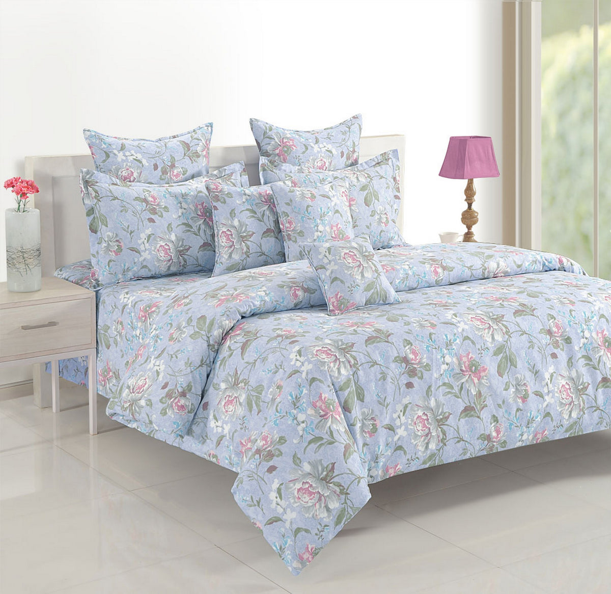Powder Blue Rose Garden 120 TC Pure Cotton Bedsheet Set with Pillow Cover