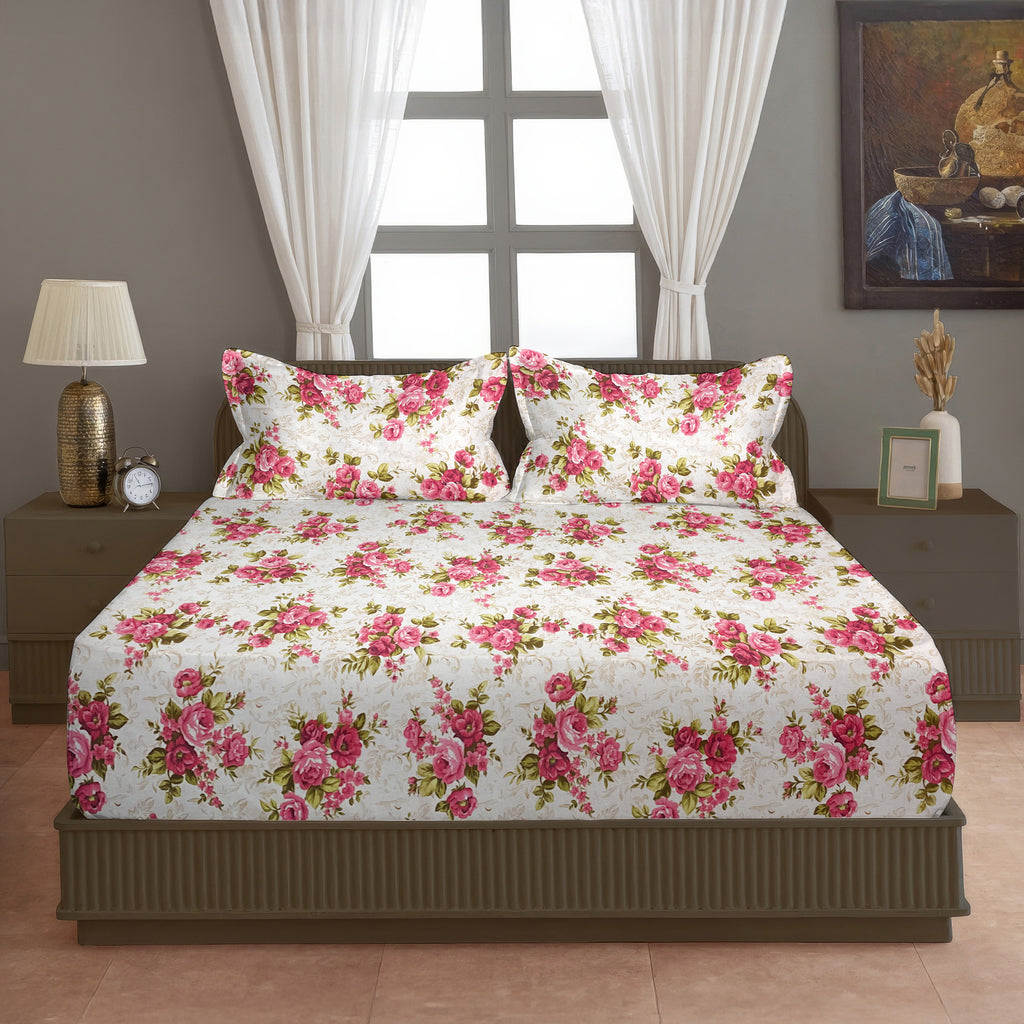 Romantic Rose Garden 120 TC Pure Cotton Fitted Bedsheet Set with Pillow Cover