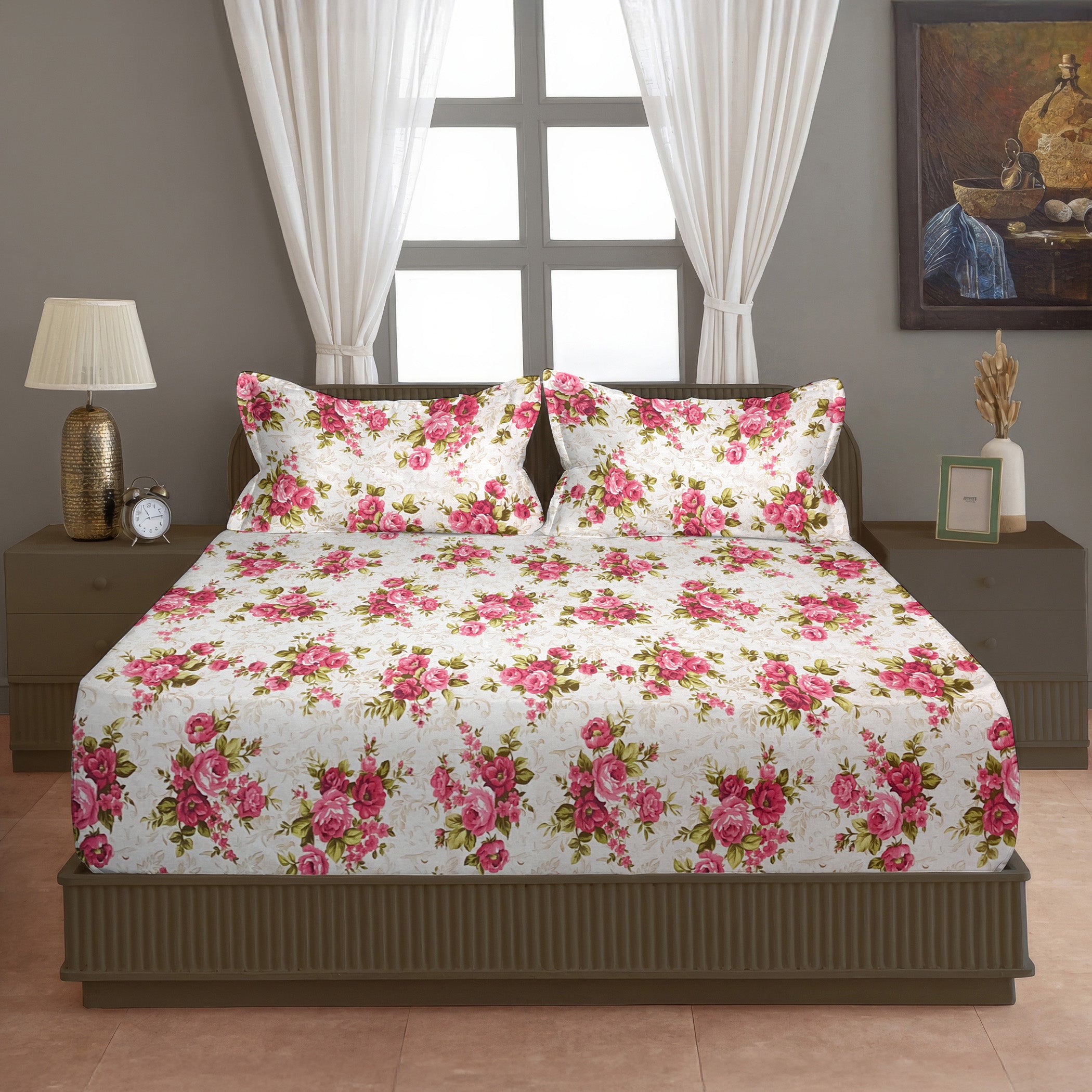 Romantic Rose Garden 120 TC Pure Cotton Fitted Bedsheet Set with Pillow Cover