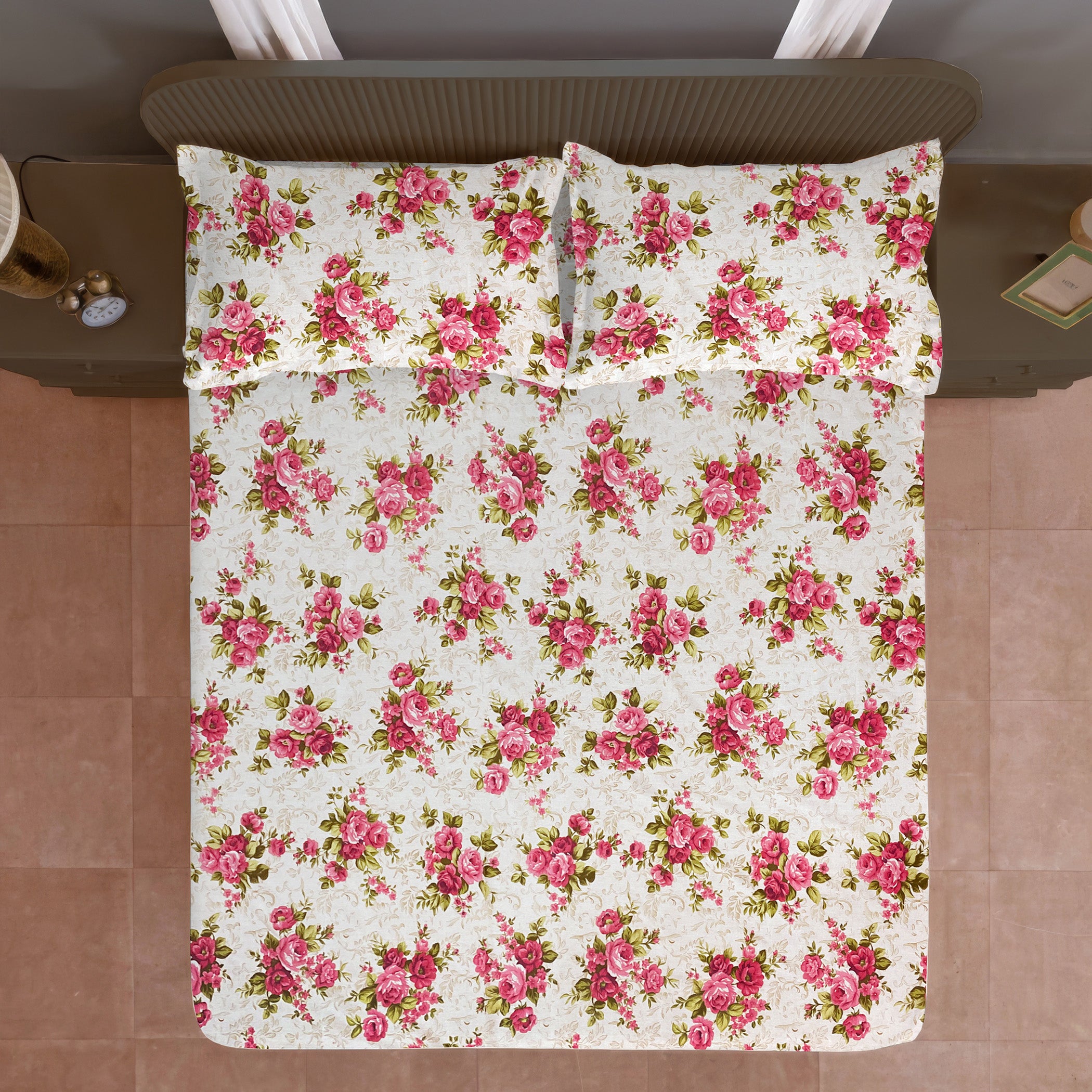Romantic Rose Garden 120 TC Pure Cotton Fitted Bedsheet Set with Pillow Cover