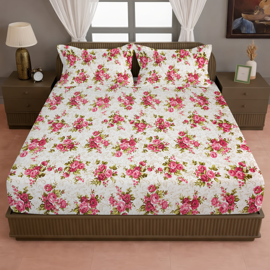 Romantic Rose Garden 120 TC Pure Cotton Fitted Bedsheet Set with Pillow Cover