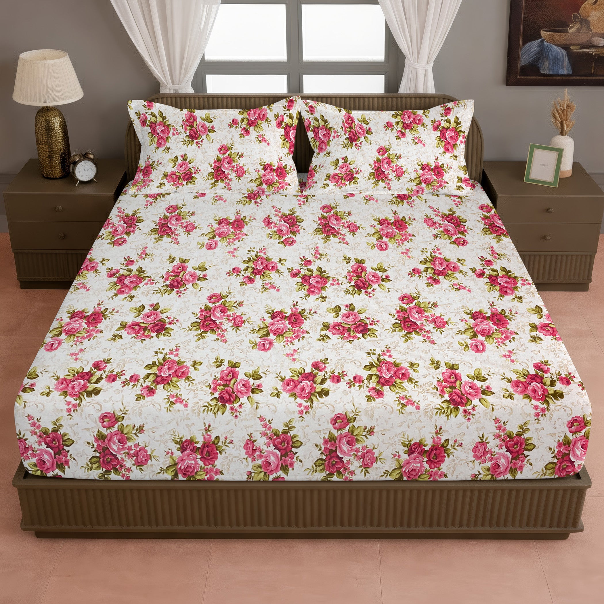 Romantic Rose Garden 120 TC Pure Cotton Fitted Bedsheet Set with Pillow Cover