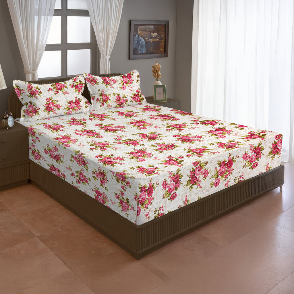 Romantic Rose Garden 120 TC Pure Cotton Fitted Bedsheet Set with Pillow Cover