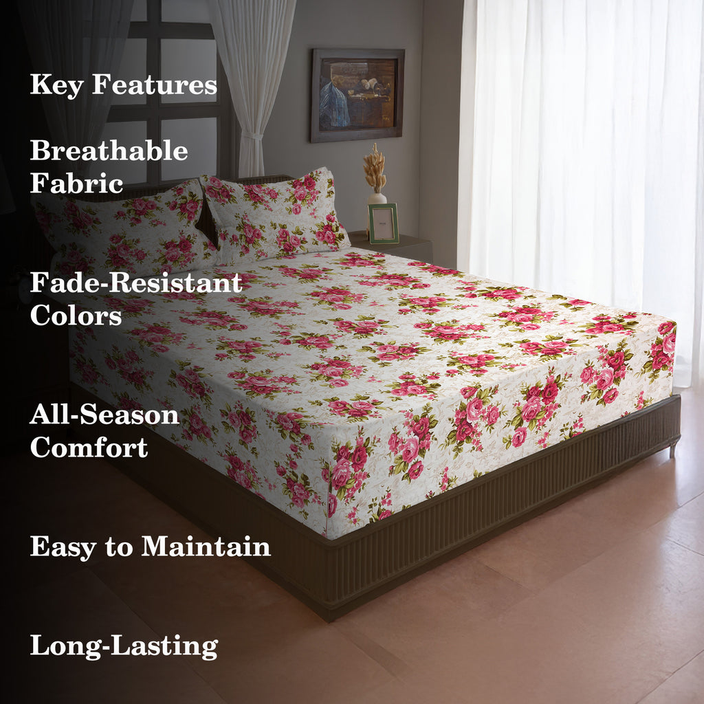 Romantic Rose Garden 120 TC Pure Cotton Fitted Bedsheet Set with Pillow Cover