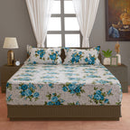 Azure Rose Garden 120 TC Pure Cotton Fitted Bedsheet Set with Pillow Cover