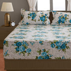 Azure Rose Garden 120 TC Pure Cotton Fitted Bedsheet Set with Pillow Cover