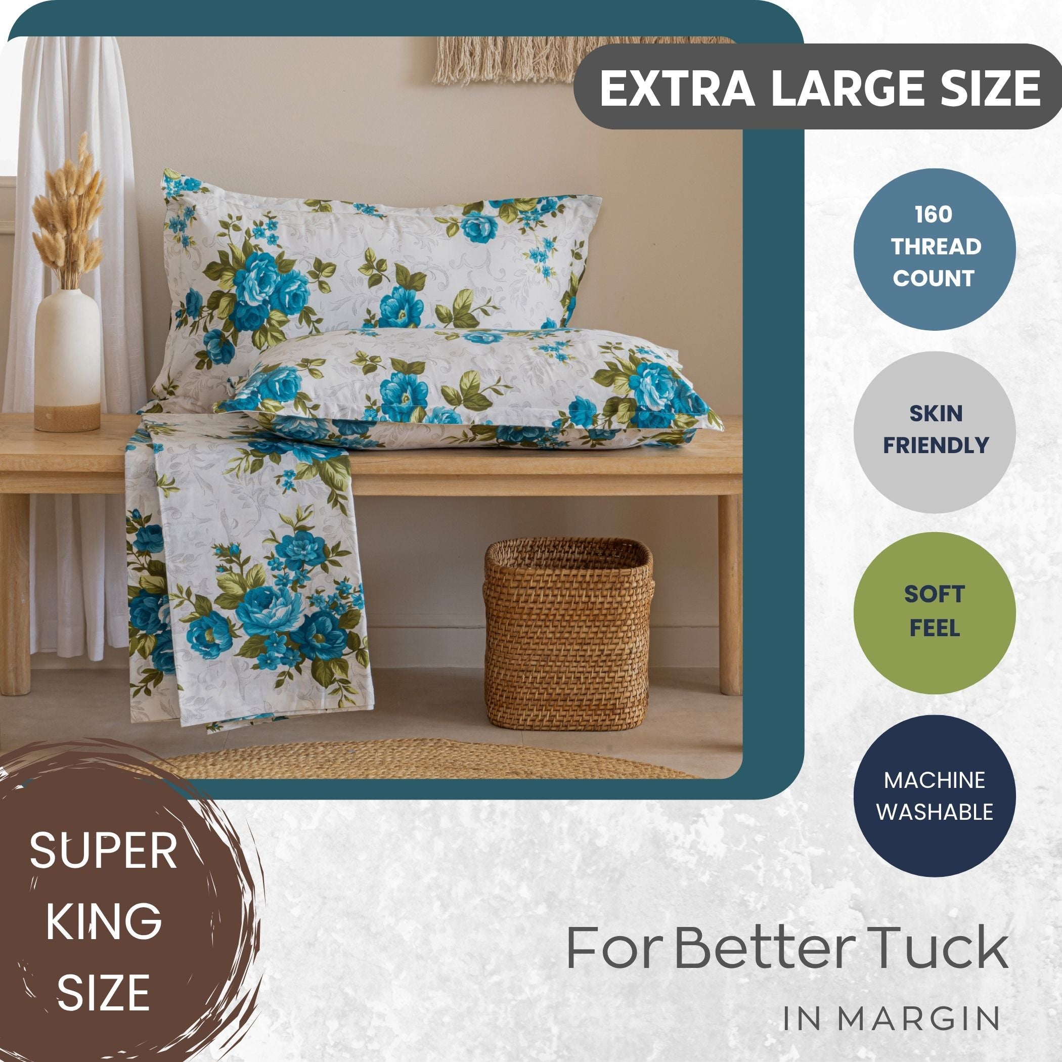 Azure Rose Garden 120 TC Pure Cotton Fitted Bedsheet Set with Pillow Cover