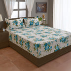 Azure Rose Garden 120 TC Pure Cotton Fitted Bedsheet Set with Pillow Cover