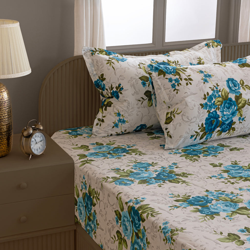 Azure Rose Garden 120 TC Pure Cotton Fitted Bedsheet Set with Pillow Cover