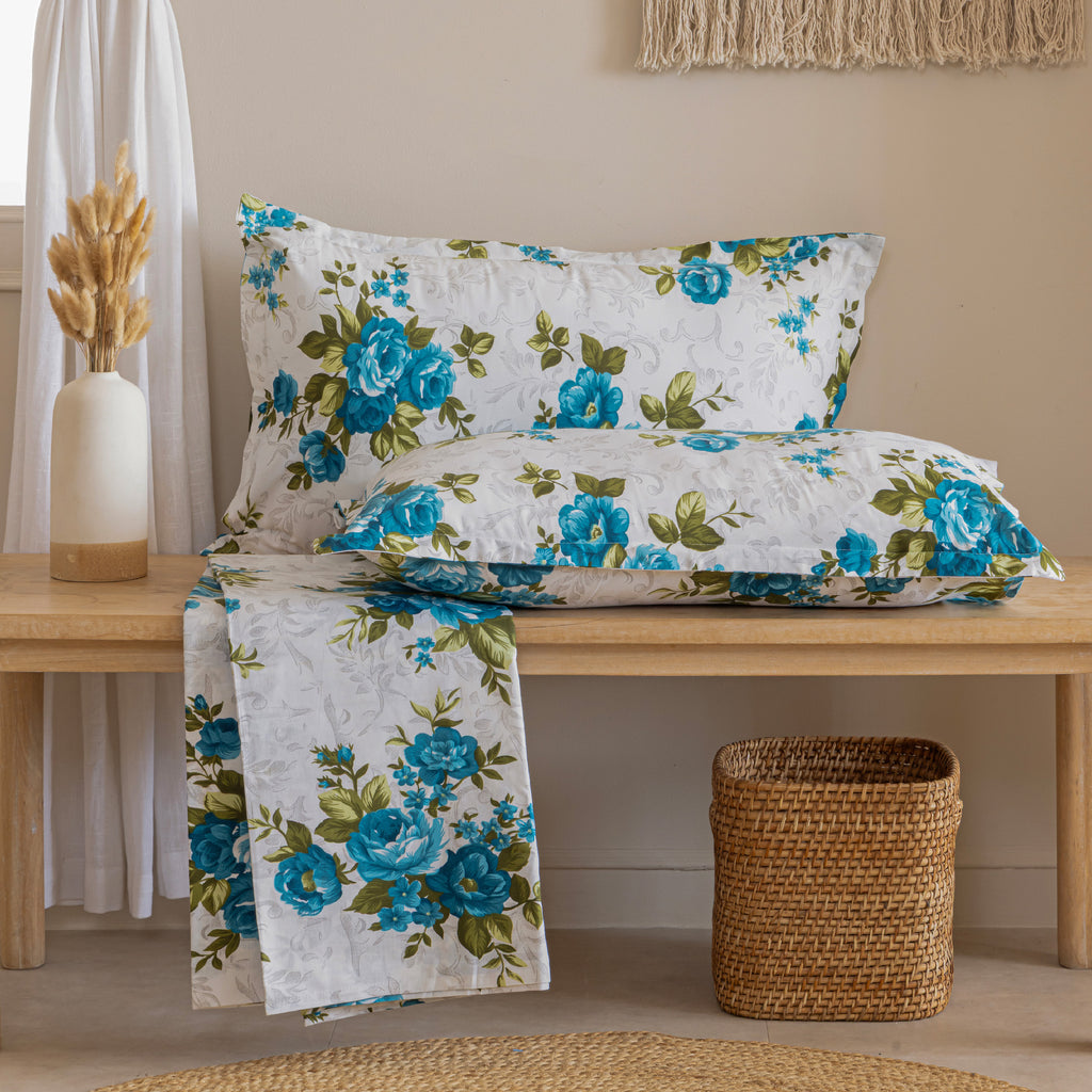 Azure Rose Garden 120 TC Pure Cotton Fitted Bedsheet Set with Pillow Cover