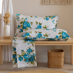 Azure Rose Garden 120 TC Pure Cotton Fitted Bedsheet Set with Pillow Cover