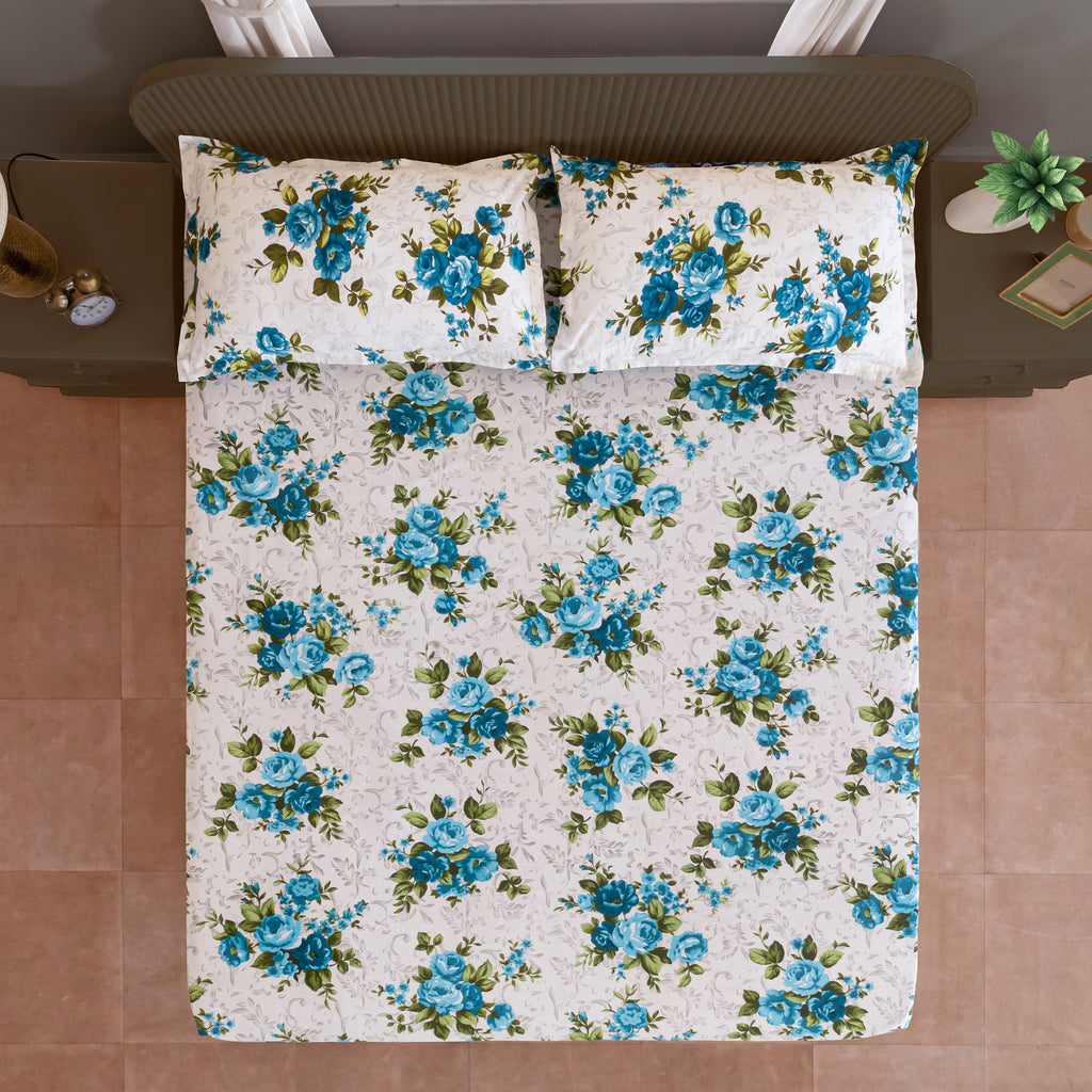 Azure Rose Garden 120 TC Pure Cotton Fitted Bedsheet Set with Pillow Cover