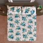 Azure Rose Garden 120 TC Pure Cotton Fitted Bedsheet Set with Pillow Cover