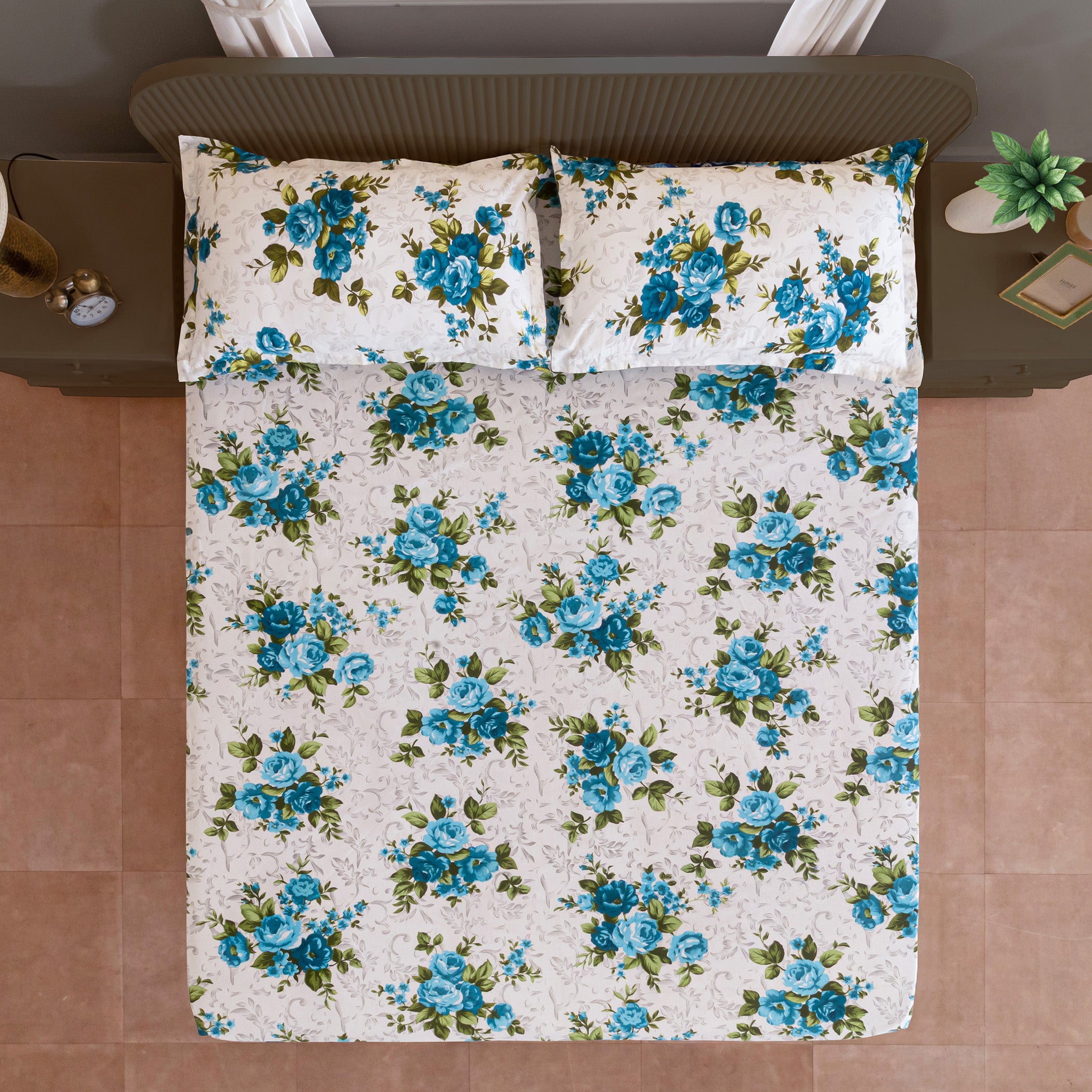 Azure Rose Garden 120 TC Pure Cotton Fitted Bedsheet Set with Pillow Cover