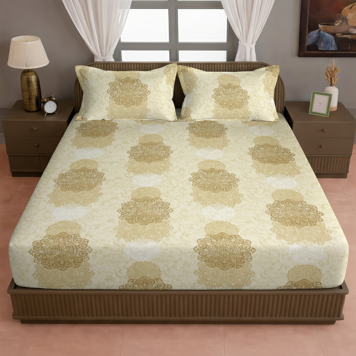 Ivory Golden Medallion 120 TC Pure Cotton Bedsheet Set with Pillow Cover