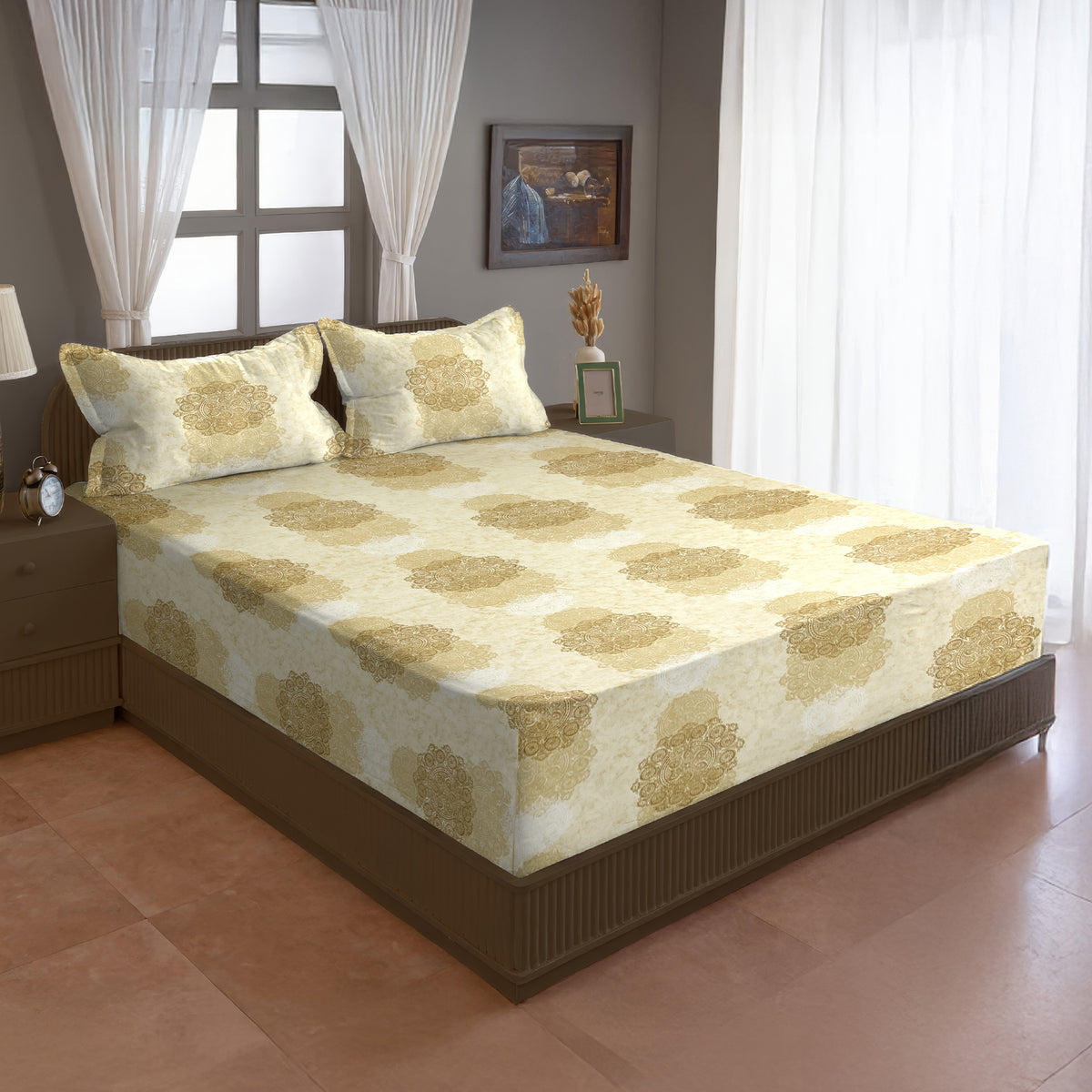 Ivory Golden Medallion 120 TC Pure Cotton Bedsheet Set with Pillow Cover