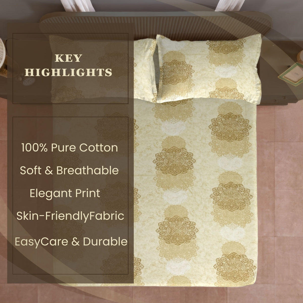 Ivory Golden Medallion 120 TC Pure Cotton Bedsheet Set with Pillow Cover