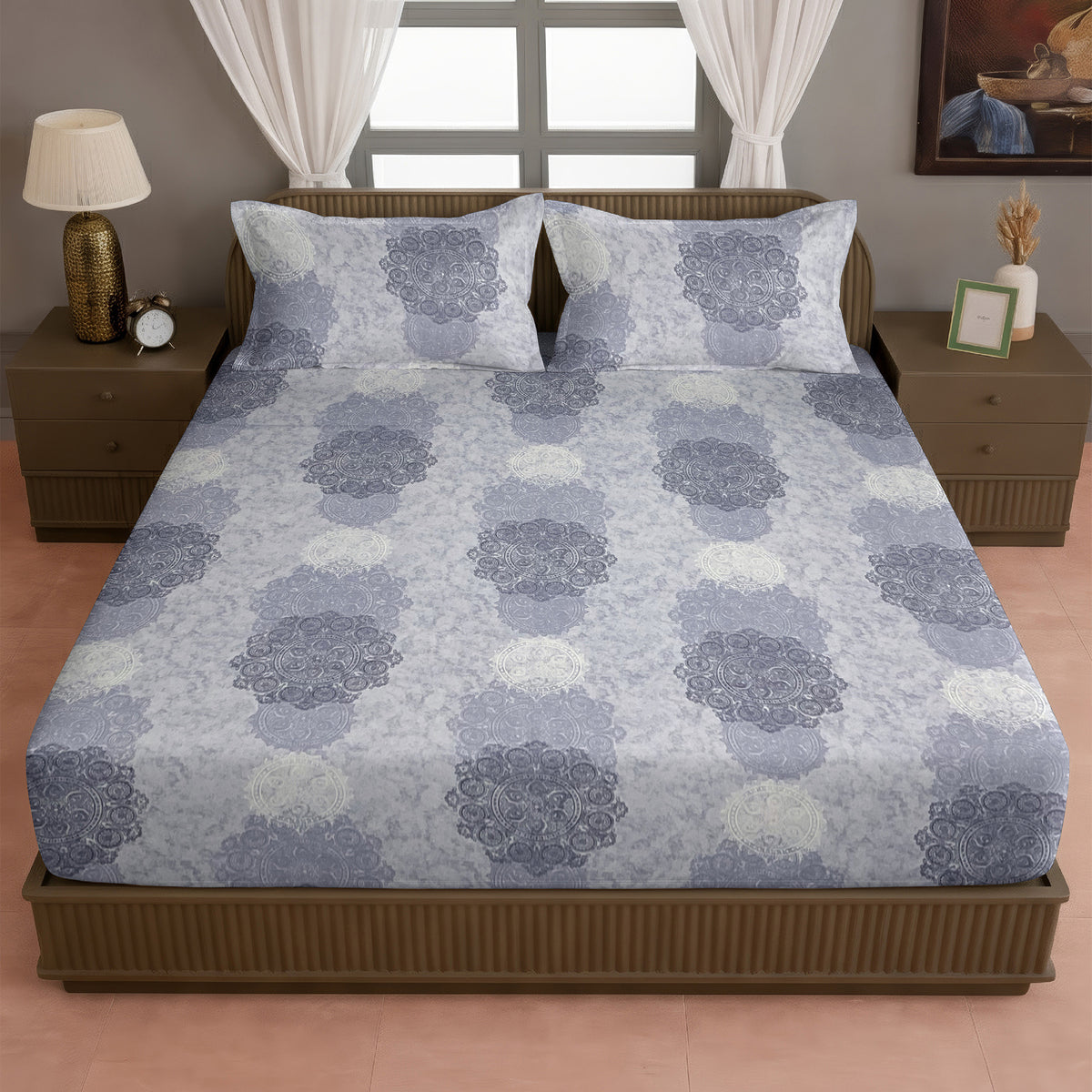 Lavender Medallion Symphony 120 TC Pure Cotton Bedsheet Set with Pillow Cover