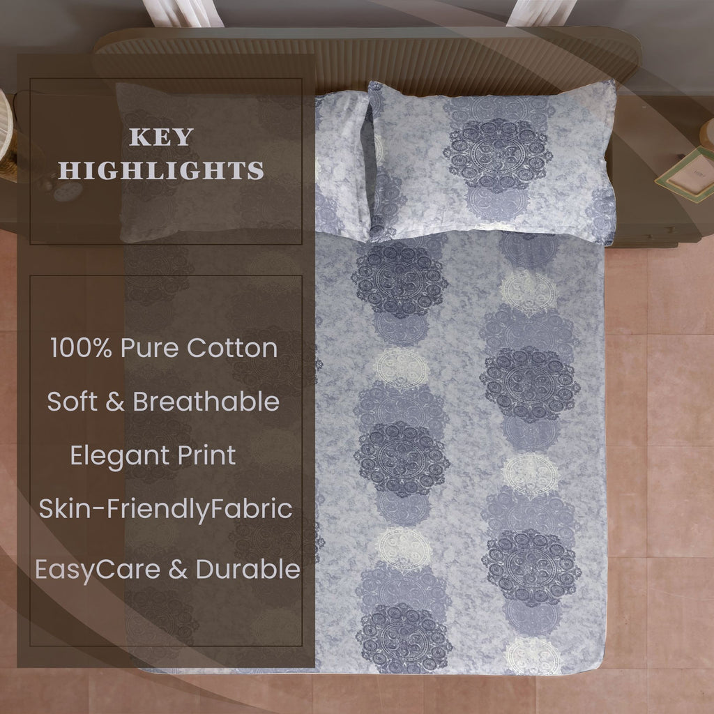 Lavender Medallion Symphony 120 TC Pure Cotton Bedsheet Set with Pillow Cover