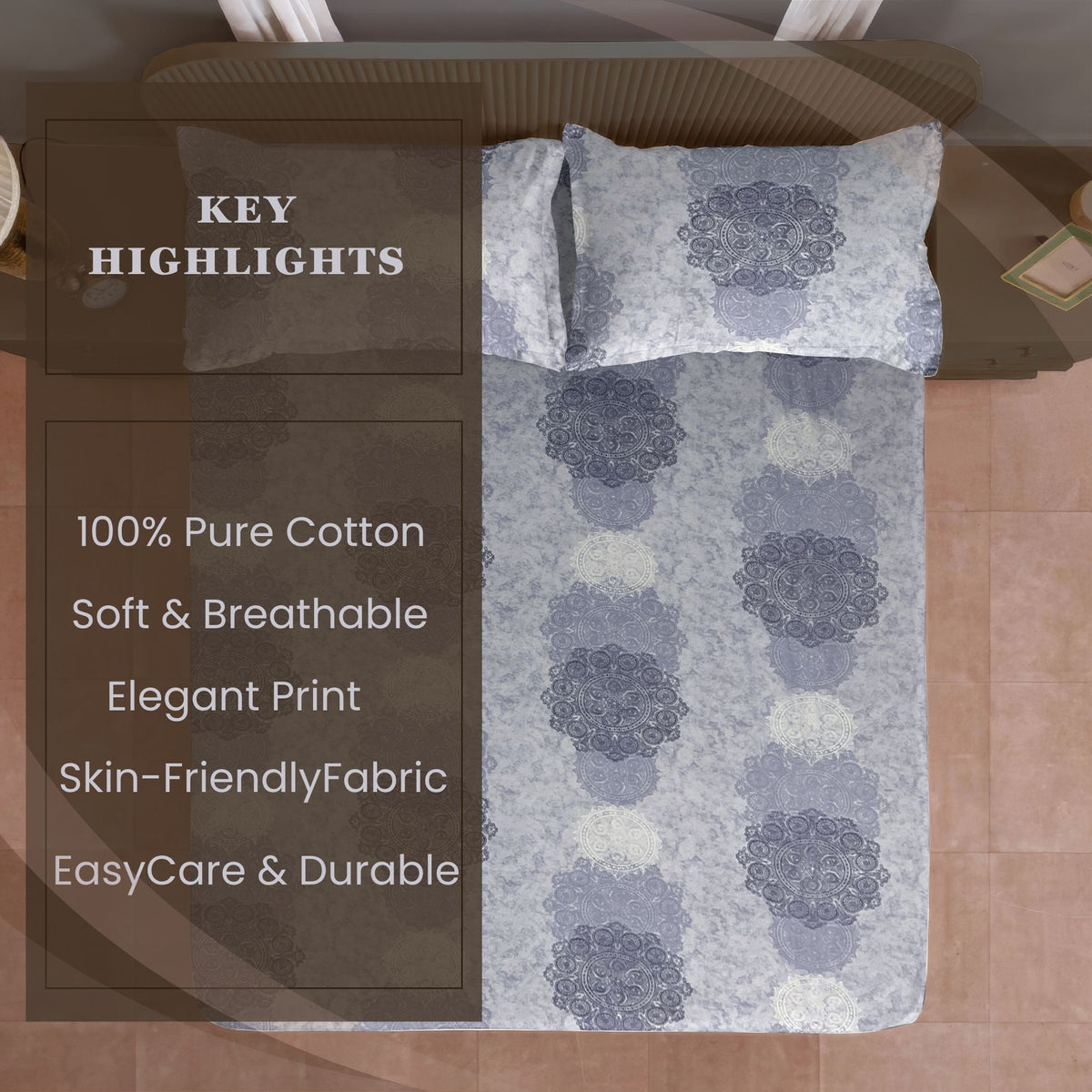 Lavender Medallion Symphony 120 TC Pure Cotton Bedsheet Set with Pillow Cover