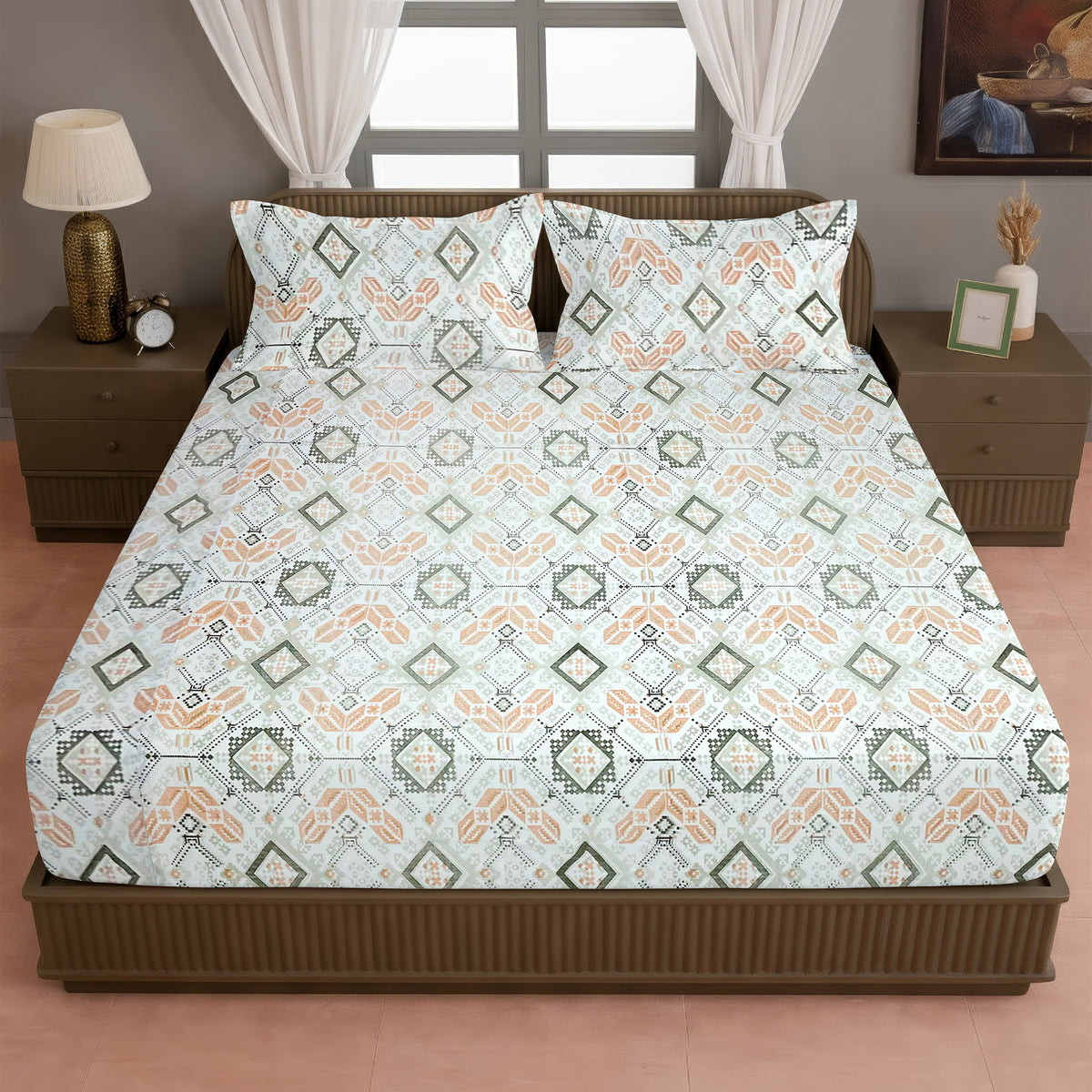 Peach Olive Folk Diamonds 120 TC Pure Cotton Bedsheet Set with Pillow Cover