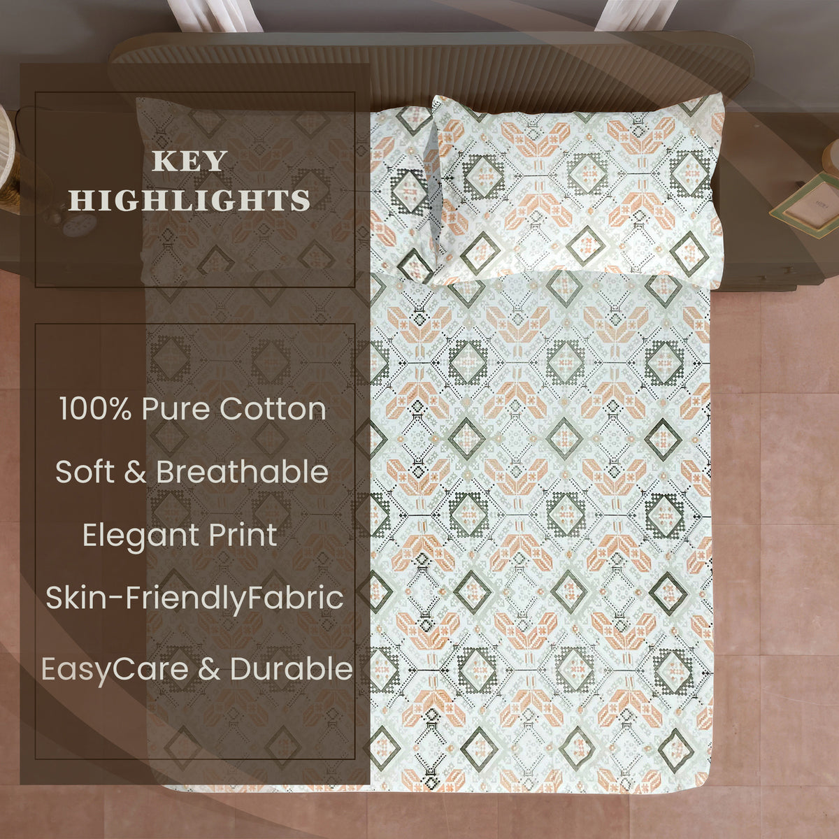 Peach Olive Folk Diamonds 120 TC Pure Cotton Bedsheet Set with Pillow Cover
