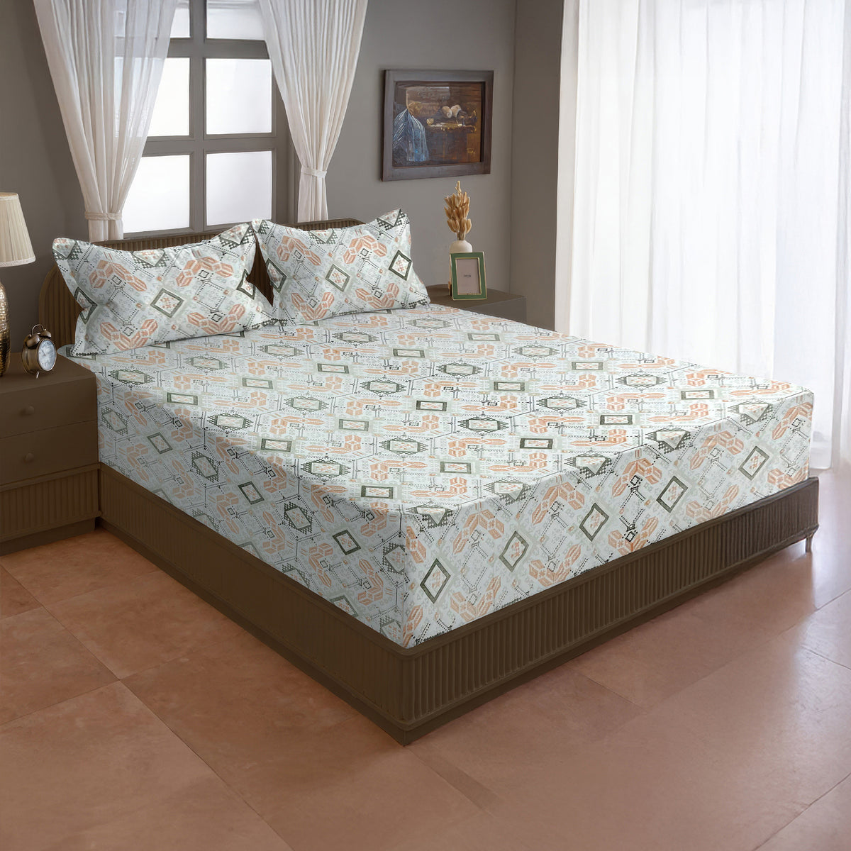 Peach Olive Folk Diamonds 120 TC Pure Cotton Bedsheet Set with Pillow Cover