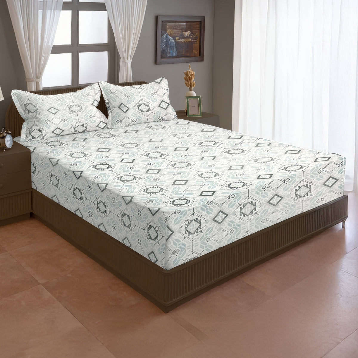 Mint Grey Folk Diamonds 120 TC Pure Cotton Bedsheet Set with Pillow Cover