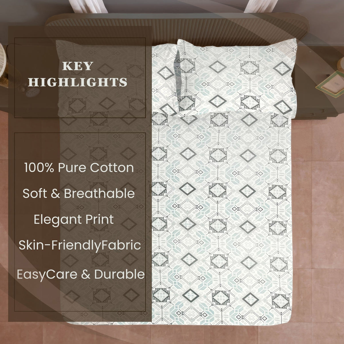 Mint Grey Folk Diamonds 120 TC Pure Cotton Bedsheet Set with Pillow Cover