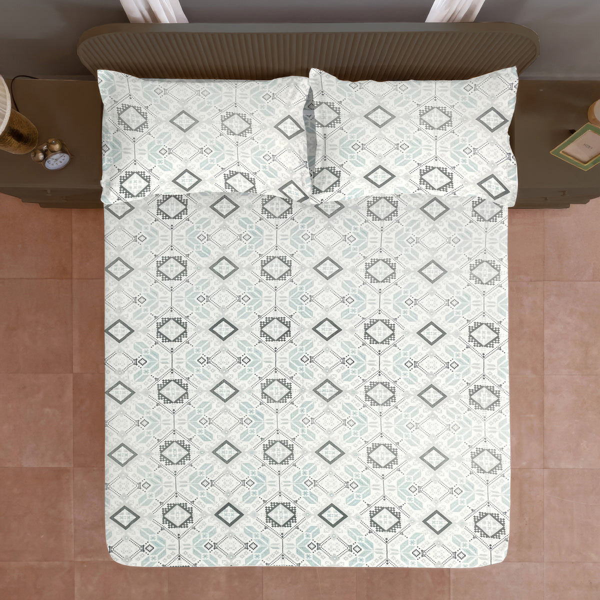 Mint Grey Folk Diamonds 120 TC Pure Cotton Bedsheet Set with Pillow Cover
