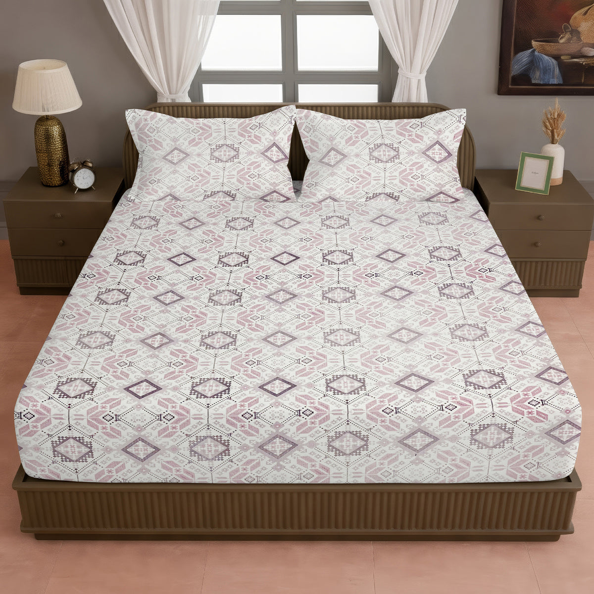 Blush Mauve Folk Diamonds 120 TC Pure Cotton Bedsheet Set with Pillow Cover