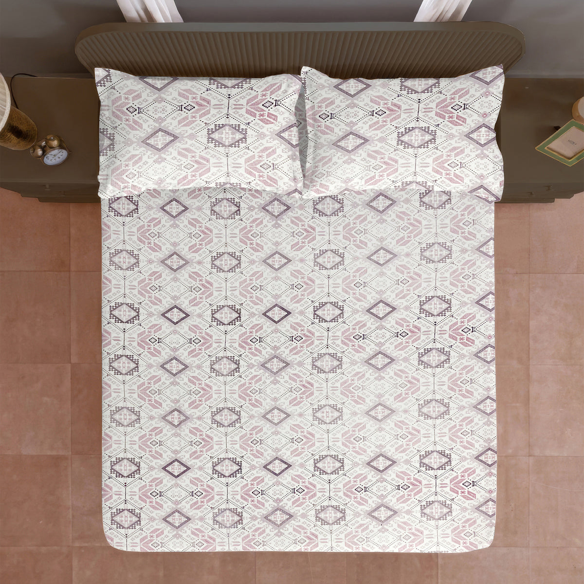 Blush Mauve Folk Diamonds 120 TC Pure Cotton Bedsheet Set with Pillow Cover