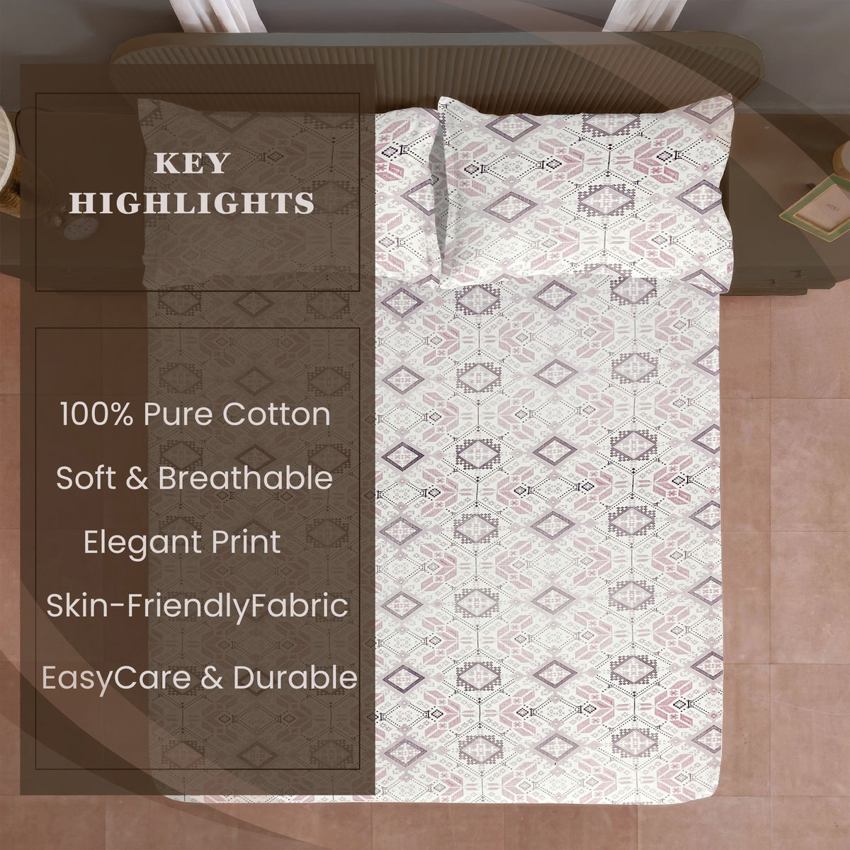 Blush Mauve Folk Diamonds 120 TC Pure Cotton Bedsheet Set with Pillow Cover