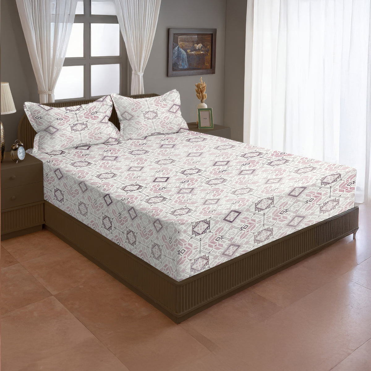 Blush Mauve Folk Diamonds 120 TC Pure Cotton Bedsheet Set with Pillow Cover