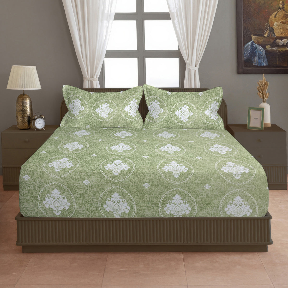 Sage Floral Cameo 120 TC Pure Cotton Bedsheet Set with Pillow Cover