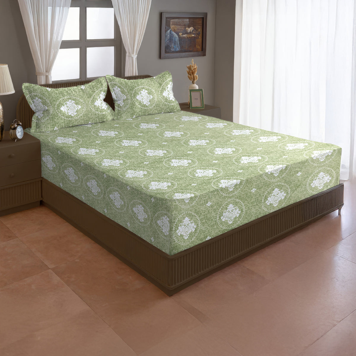 Sage Floral Cameo 120 TC Pure Cotton Bedsheet Set with Pillow Cover