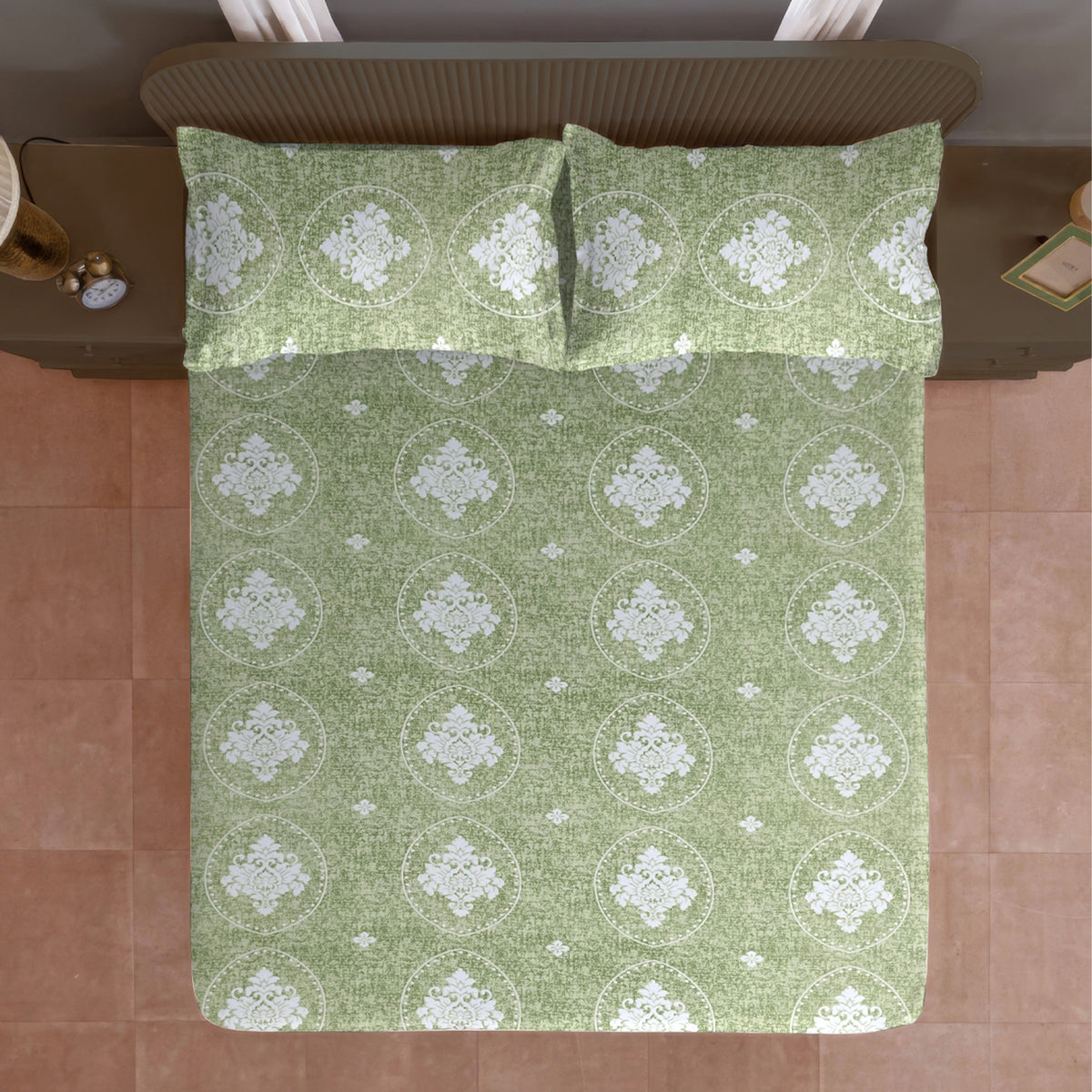 Sage Floral Cameo 120 TC Pure Cotton Bedsheet Set with Pillow Cover