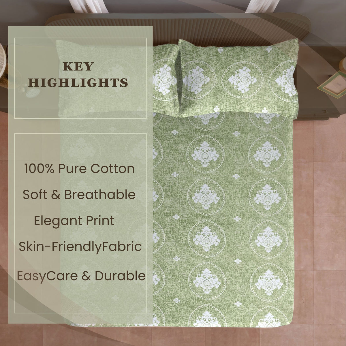 Sage Floral Cameo 120 TC Pure Cotton Bedsheet Set with Pillow Cover
