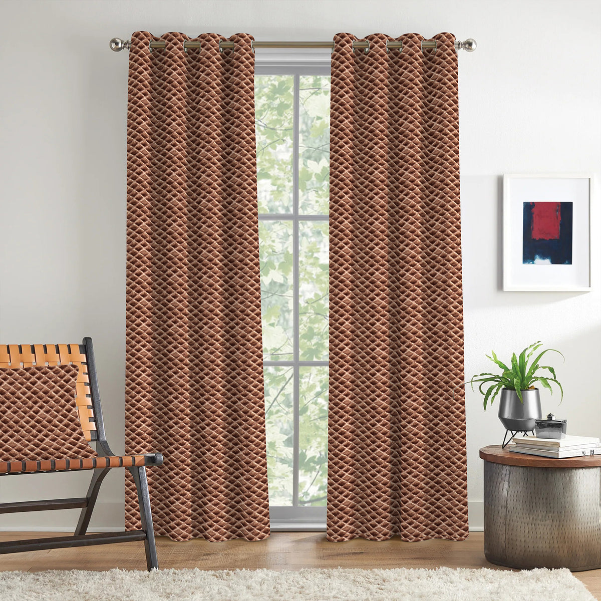 Copper Brown Geometric Weave 300 GSM Polyester 100% Blackout Eyelet Curtain