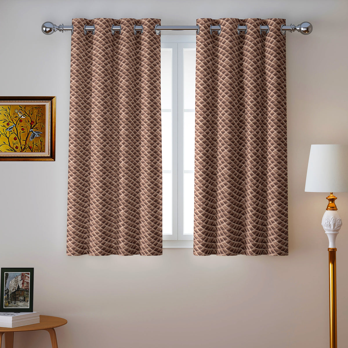 Copper Brown Geometric Weave 300 GSM Polyester 100% Blackout Eyelet Curtain