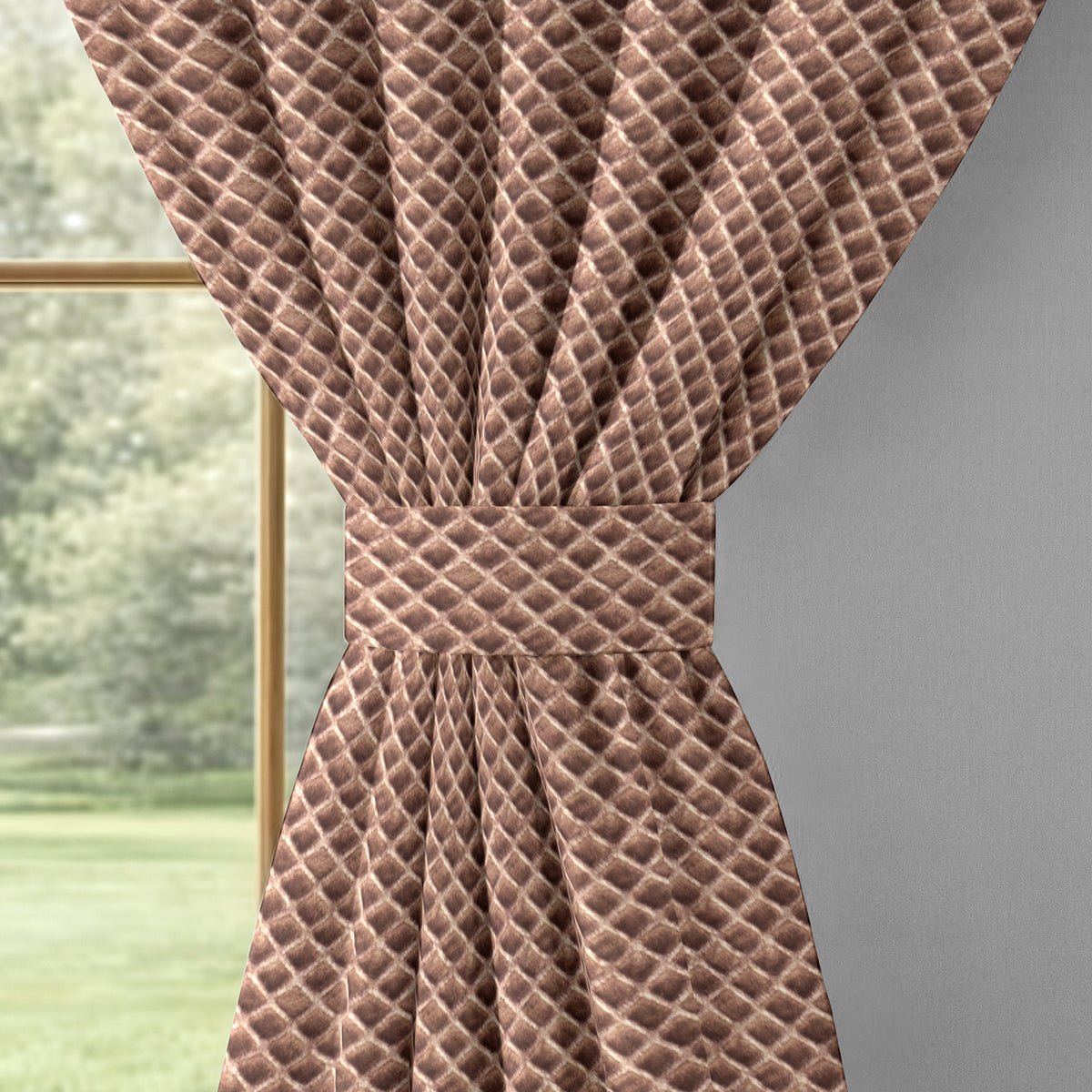 Copper Brown Geometric Weave 300 GSM Polyester 100% Blackout Eyelet Curtain