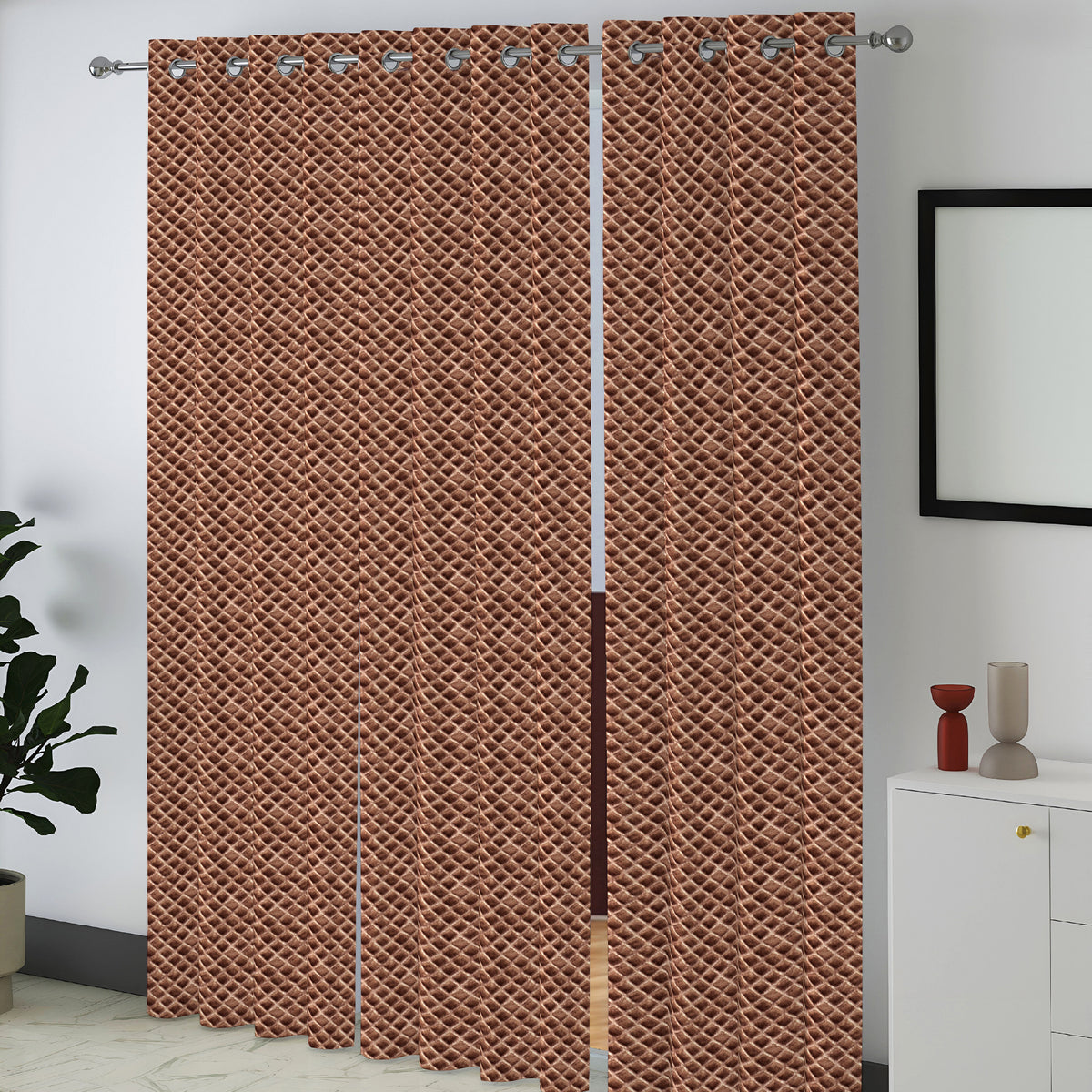 Copper Brown Geometric Weave 300 GSM Polyester 100% Blackout Eyelet Curtain