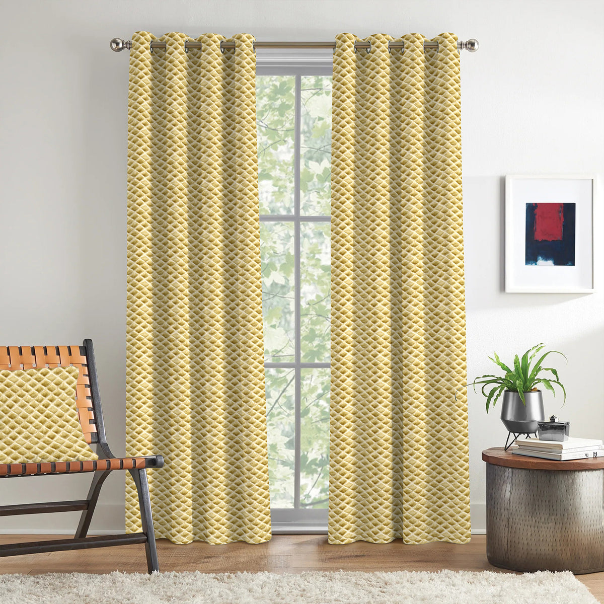 Golden Yellow Geometric Weave 300 GSM Polyester 100% Blackout Eyelet Curtain
