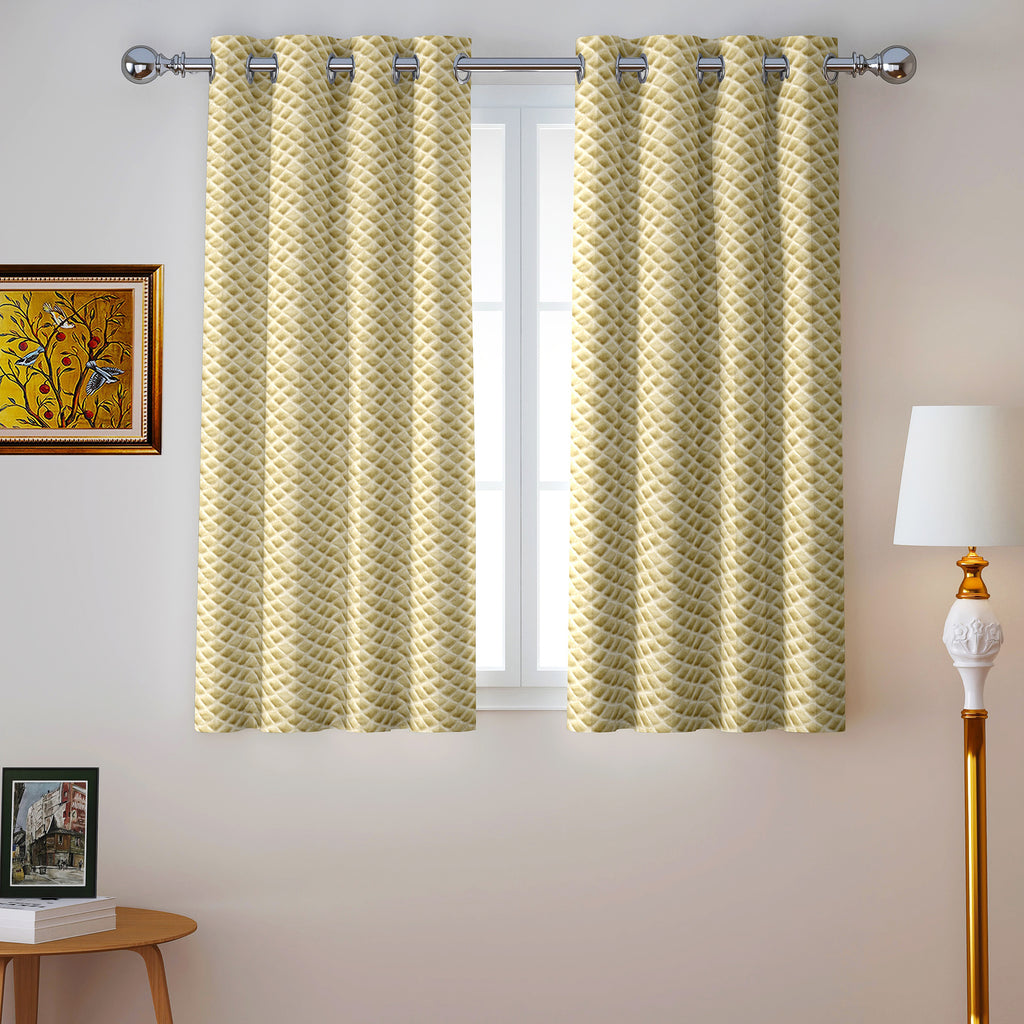 Golden Yellow Geometric Weave 300 GSM Polyester 100% Blackout Eyelet Curtain