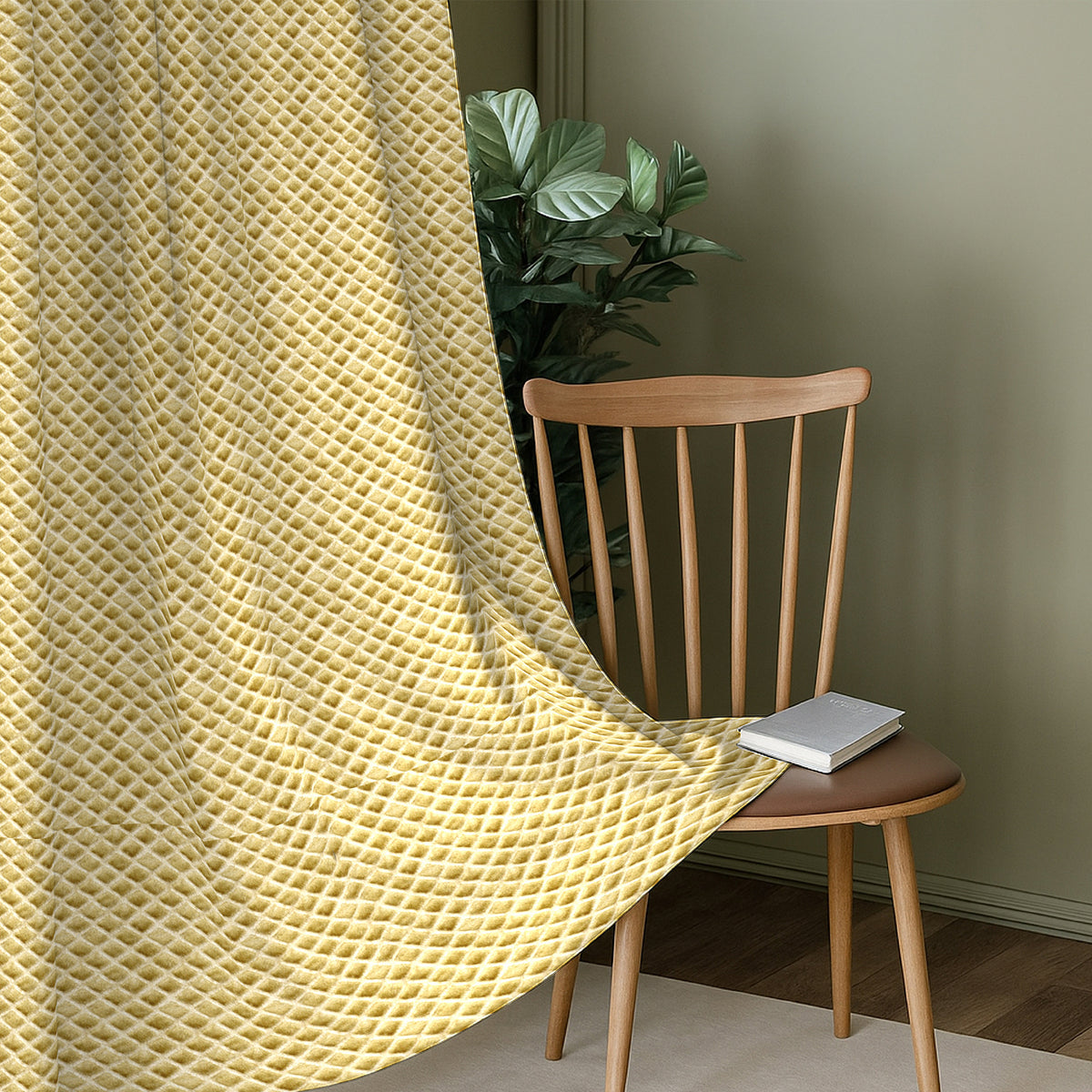 Golden Yellow Geometric Weave 300 GSM Polyester 100% Blackout Eyelet Curtain