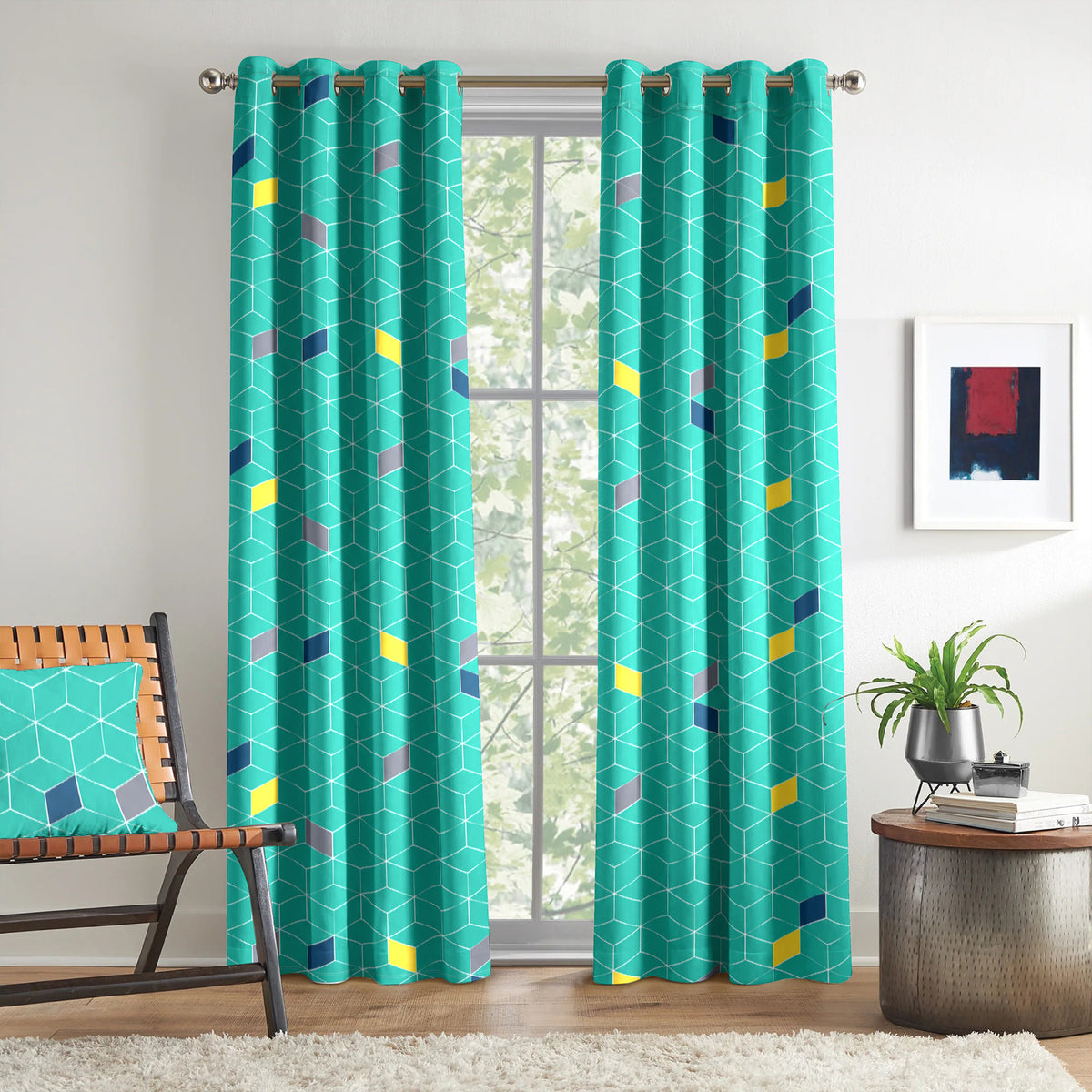 Turquoise Geometric Mosaic 330 GSM Polyester 90% Blackout Eyelet Curtain