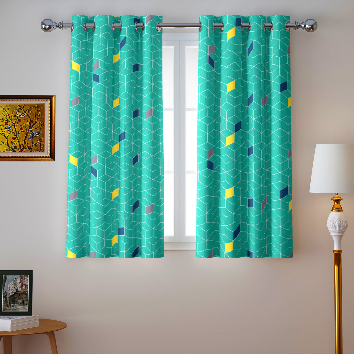 Turquoise Geometric Mosaic 330 GSM Polyester 90% Blackout Eyelet Curtain