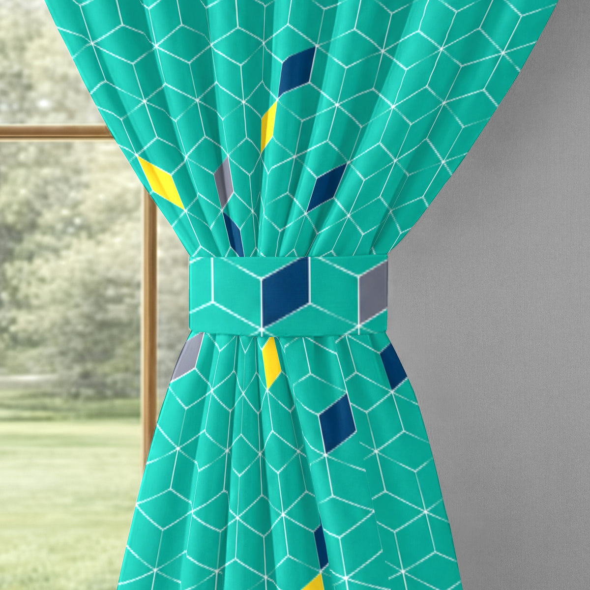 Turquoise Geometric Mosaic 330 GSM Polyester 90% Blackout Eyelet Curtain