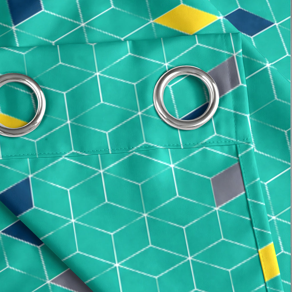 Turquoise Geometric Mosaic 330 GSM Polyester 90% Blackout Eyelet Curtain