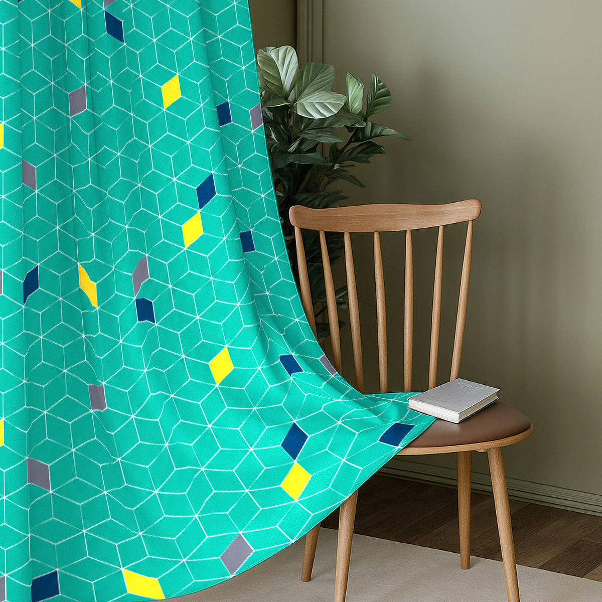 Turquoise Geometric Mosaic 330 GSM Polyester 90% Blackout Eyelet Curtain